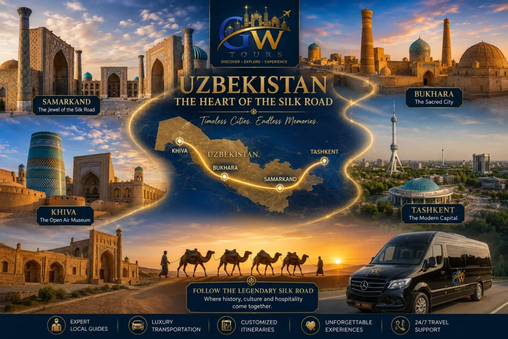 Map of Uzbekistan featuring Samarkand, bukhara , khiva, Tashkent, with Great world Tours Silk Road travel experience