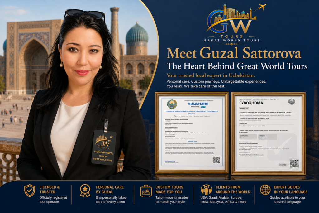 Guzal Sattorova, founder of Great world Tours, standing in front of Registan Square in Samarkand with official tourism licenses, offering customized Uzbekistan tours.