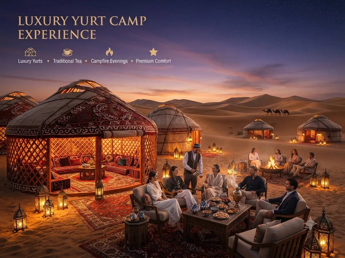 Traditional yurt camp beneath a starry Uzbekistan desert sky